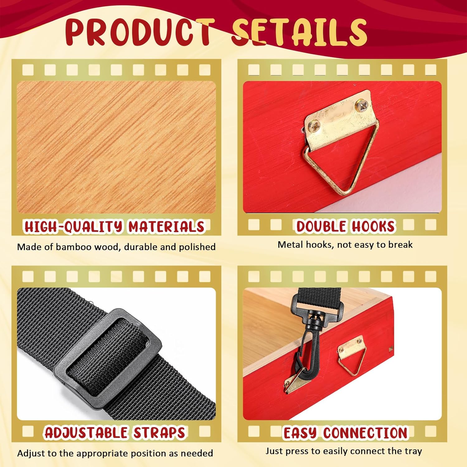 Marsui 2 Pcs Halloween Snack Trays with Straps 15 x 11 x 2 Inch Wooden Movie Night Snack Drink Trays Vendor Usherette Popcorn Drink Beverage Carrier for 20's Theme Carnival Party Costume(Red)