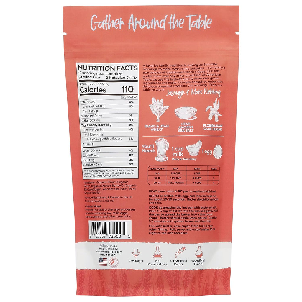 Classic Rolled Hotcakes Crepe Mix by American Table, Made with American-Grown Organic Wheat Flour & Pure Vanilla, French-Style, Non-GMO, Low Sugar, No Preservatives, Quick Prep, Makes 24 Crepes (14 oz, Pack of 1)