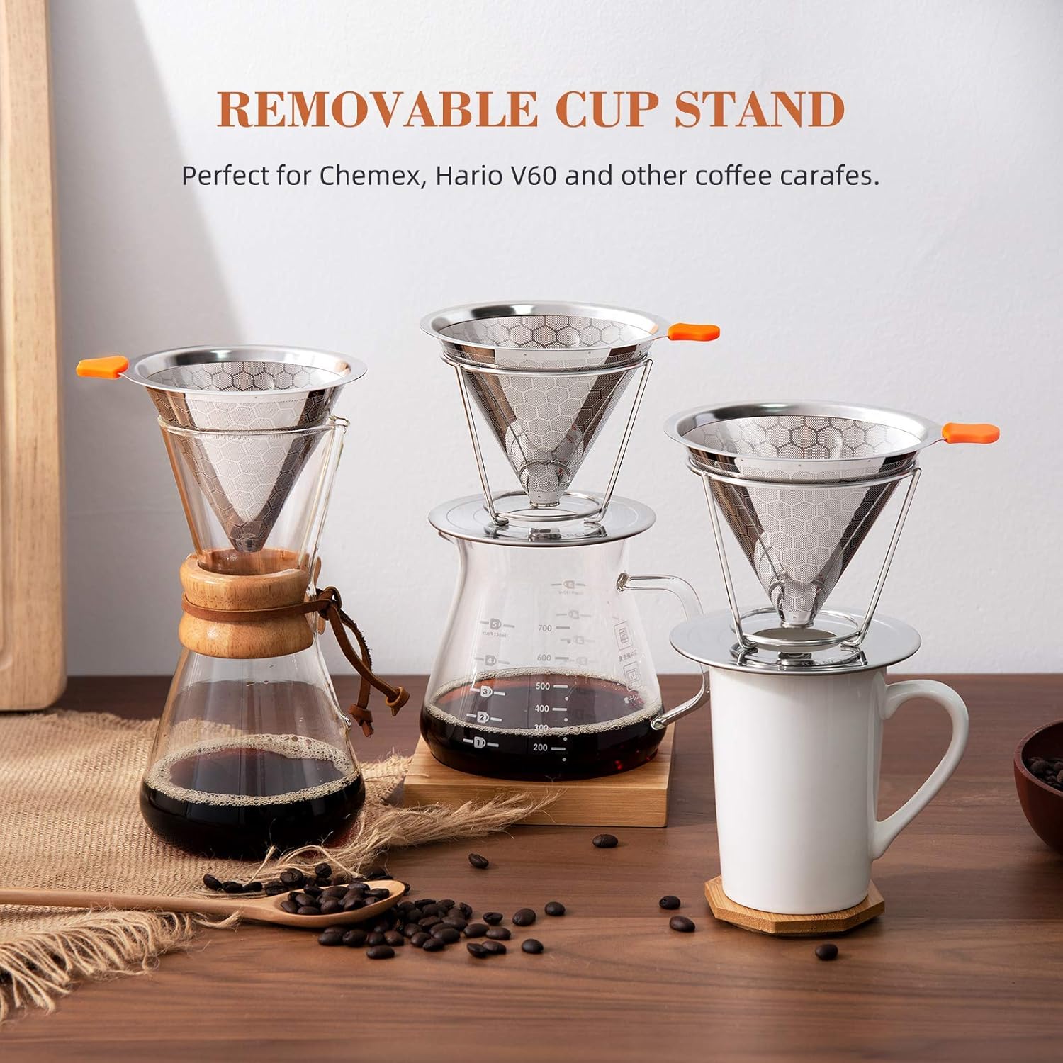 Pour Over Coffee Dripper, Stainless Steel Coffee Filter Reusable Pour Over Coffee Filter Cone Coffee Dripper with Removable Cup Stand and Bonus Brush