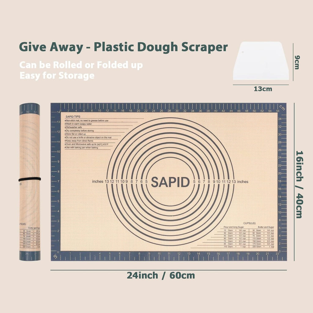 Non Slip Silicone Pastry Mat Large with Measurements for Non-stick Dough Rolling, Pie Crust, Pastry Roll Out, Cookies,Bread and Silicon Kneading Mat (16" x 24", Gray)