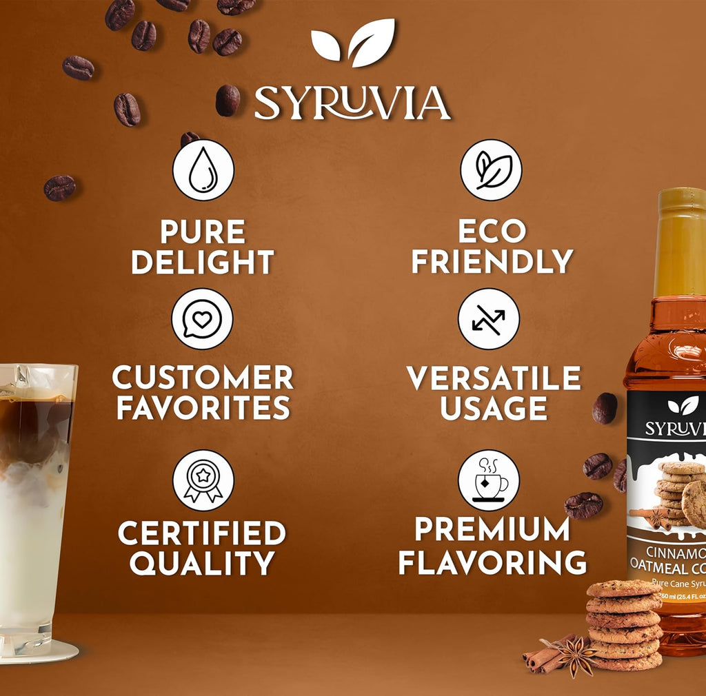 Syruvia Cinnamon Oatmeal Cookie Syrup - 25.4 fl oz. Kosher and Gluten-Free. Ideal for Enhancing Drinks, Sodas, Shakes, Desserts, and More.