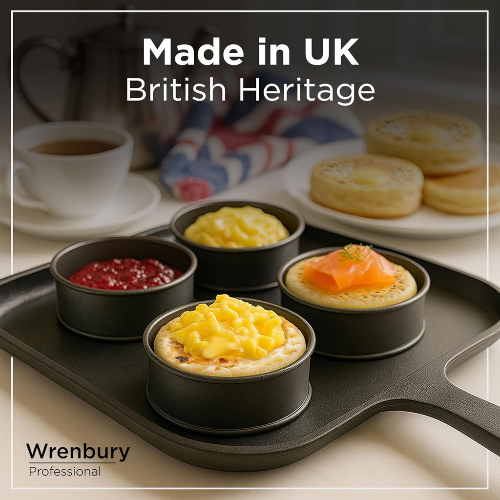 Wrenbury Crumpet Rings Nonstick 3.5 inch - English Muffin Rings - Set of 4 Food Ring Molds for Cooking – Metal Baking Egg Ring Set - Made in England