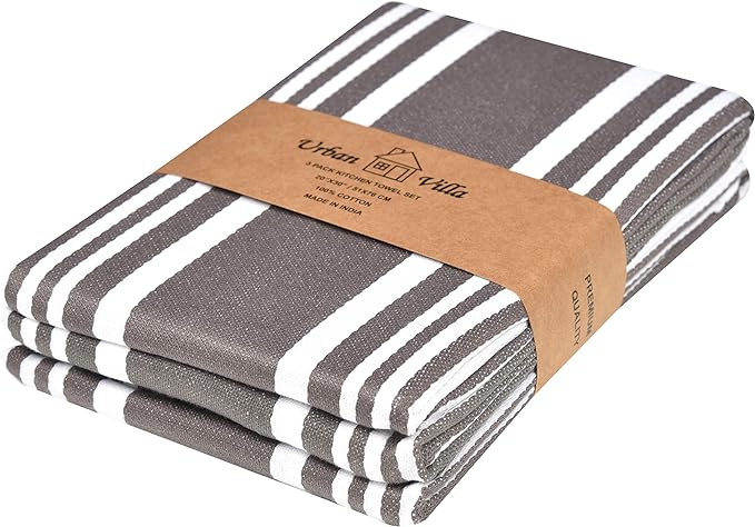 Urban Villa Kitchen Towels 100% Cotton Dish Towels for Kitchen (Set of 3) 20”x30” Dish Cloths Highly Absorbent Kitchen Linen Set with Hanging Loop Perfect for Drying Dishes Cleaning Towels-Grey White