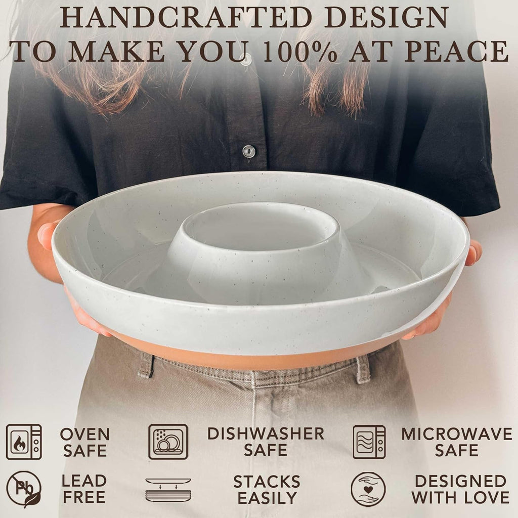 Mora Ceramic Chips and Dip Serving Tray: Large Divided Party Bowl Set for Chips & Salsa, Veggies & Dip, Fruit, Snacks, Entertaining, Hosting, etc. Minimalist Design for the Modern Hostess - Earl Grey