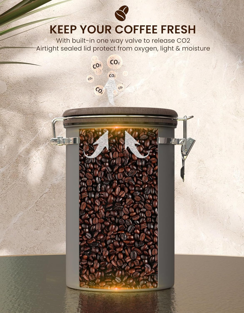 HAIOOU Airtight Coffee Canister Wood Grain [New Version], 22OZ Large Stainless Steel Coffee Bean Storage Container with Date Tracker, Measuring Scoop, CO2 Releasing Valves - Walnut and Gray
