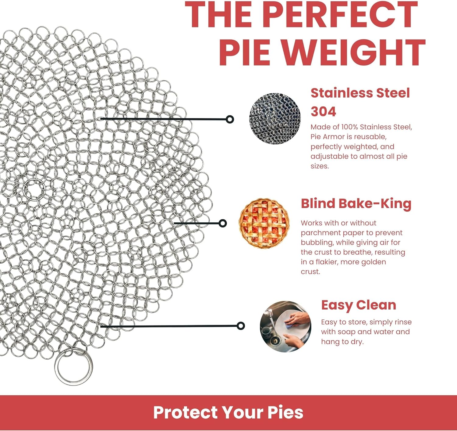 Pie Armor, Universal Fit Pie Weight for 7-10 inch Pies, Durable Alternative to Traditional Ceramic Pie Weights, 100% Stainless Steel 304