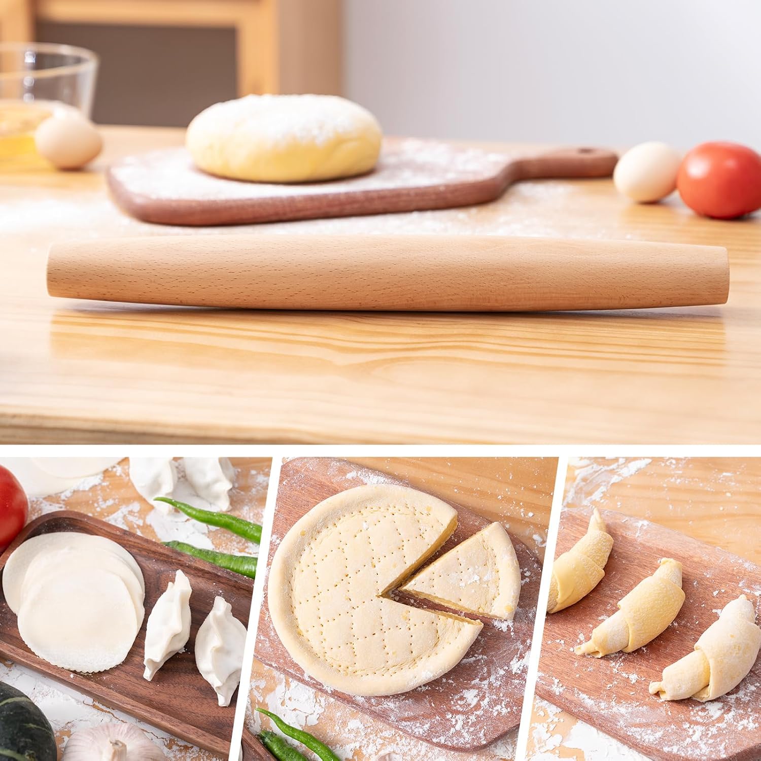 AISOSO French Rolling Pin, 15.75 Inches Wood Rolling Pins for Baking, Extra Long Classic Wooden Dough Roller for Fondant Pizza Pie Crust Cookie Pastry, Kitchen Baking Essentials, Light Yellow