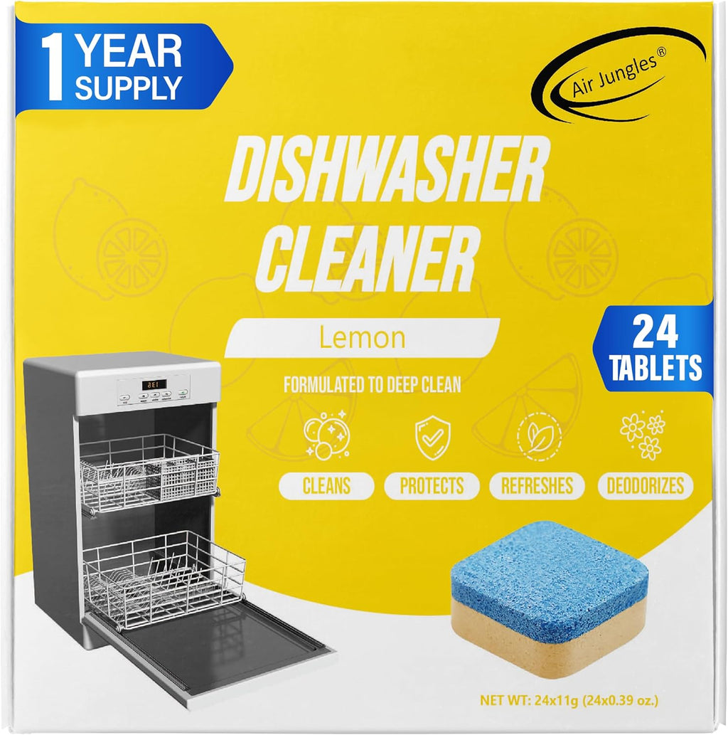 Air Jungles Dishwasher Cleaner Tablets 24 Count, Lemon Scent, Deep Cleaning Descaler, Formulated To Clean Dishwasher Machine, Remove Odor, Hard Water, Calcium, Bad Smell, 12 Month Supply
