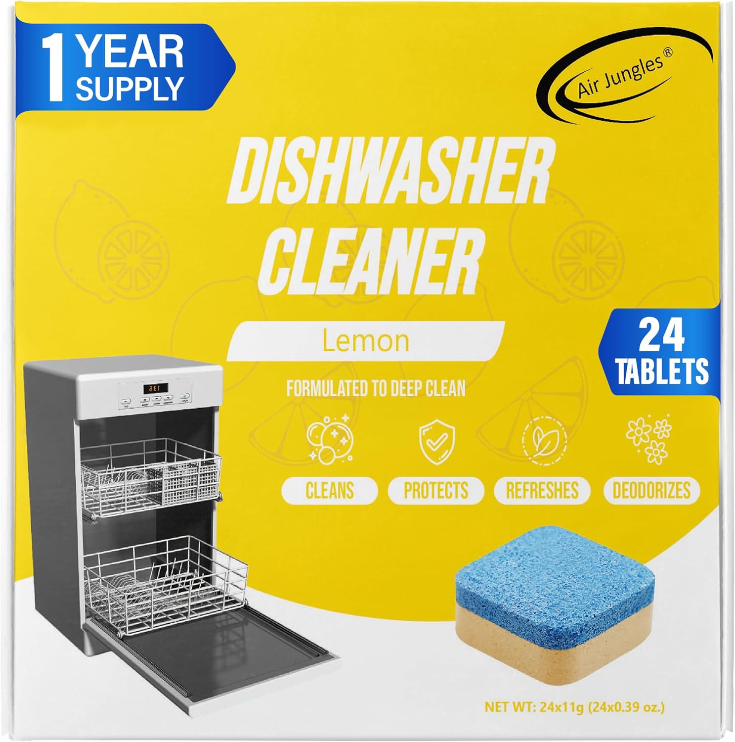 Air Jungles Dishwasher Cleaner Tablets 24 Count, Lemon Scent, Deep Cleaning Descaler, Formulated To Clean Dishwasher Machine, Remove Odor, Hard Water, Calcium, Bad Smell, 12 Month Supply
