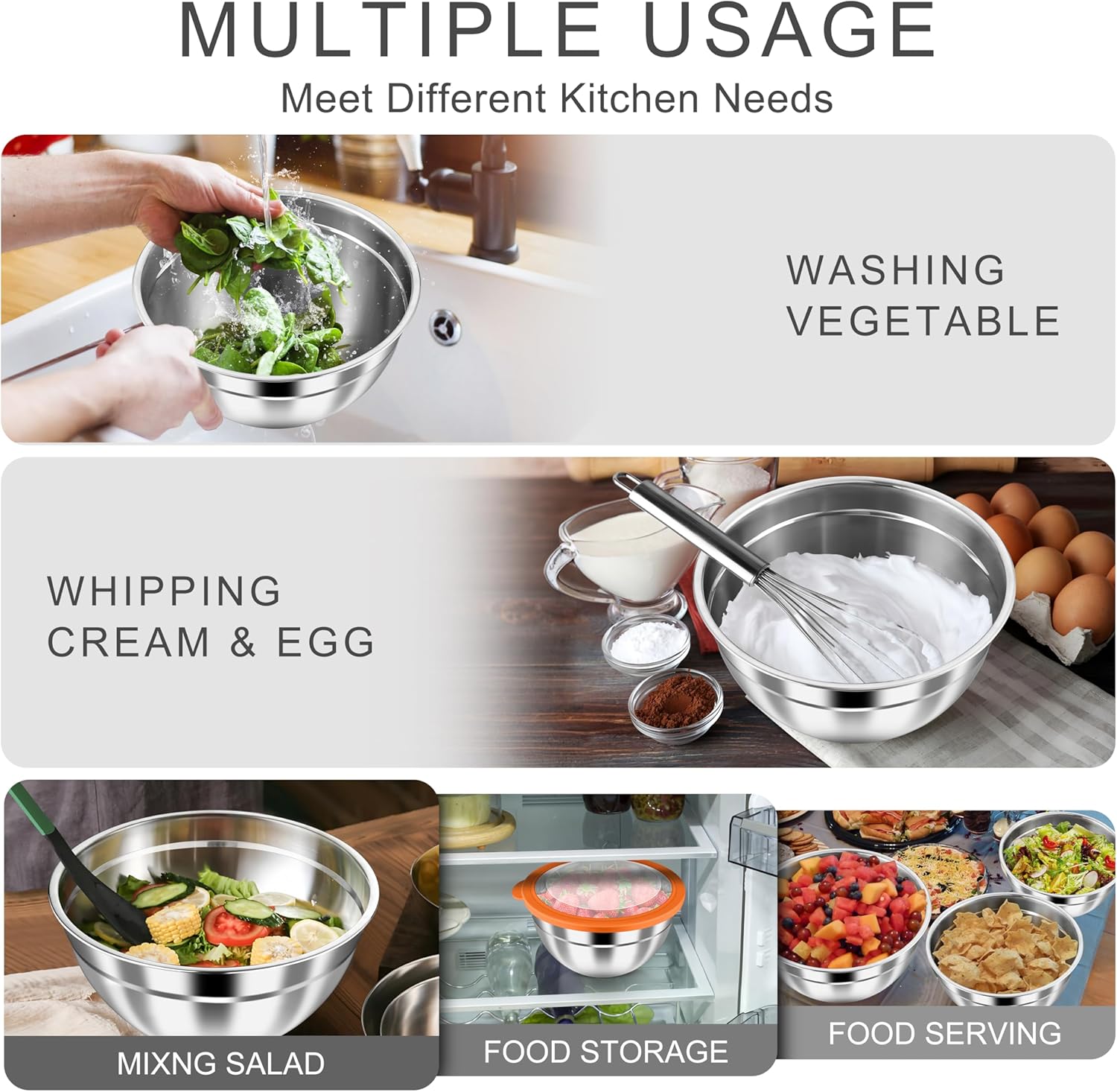 HaWare Mixing Bowls with Airtight Clear Lids, 6-Piece Stainless Steel Strong Nesting Bowls Set, Metal Salad Bowl for Cooking, Prepping, Baking, Serving & Food Storage, Size 4.6, 3, 1.5QT, Colorful