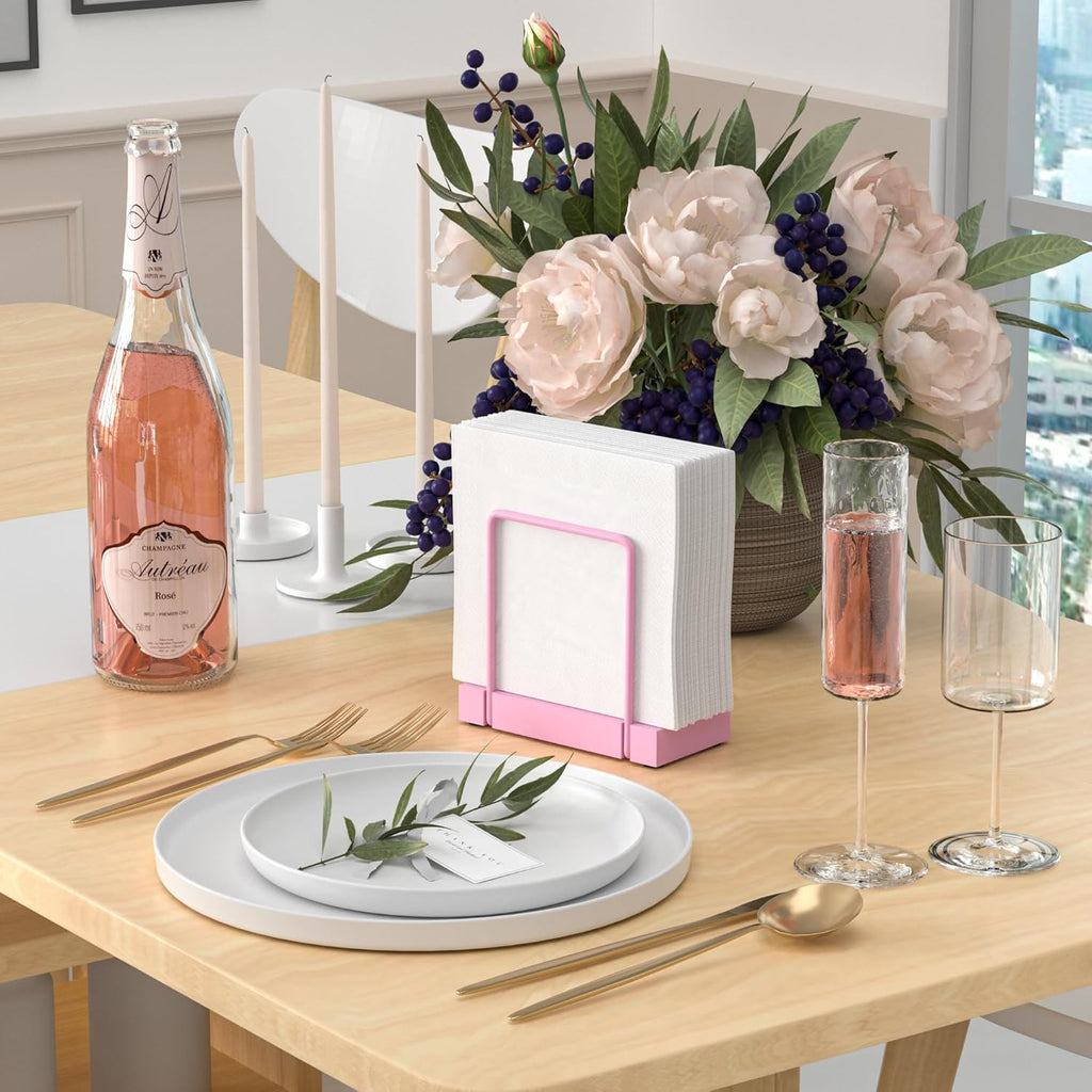 Wican Napkin Holder for Table, Pink Kitchen Accessories Appliances for Table Farmhouse Cocktail Picnic Rustic Bamboo Iron Wood Holders for All Dining Room Decor Pink