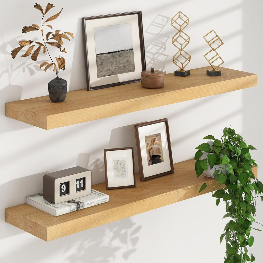 Floating Shelves for Wall, USA-Sourced Brich Wood 36 Inch Long Wall Shelves Set of 2, Natural Wooden Mounted Picture Ledge Shelf, Nursery Book Storage Shelf Kids Bookshelf, Display Shelf