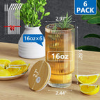 16Oz Glass Cups, 6Set Glass Tumbler with Straw and Lid, Vintage Glassware for Whiskey Cocktail Beer, Iced Coffee Cups with Lid (6 PACK)