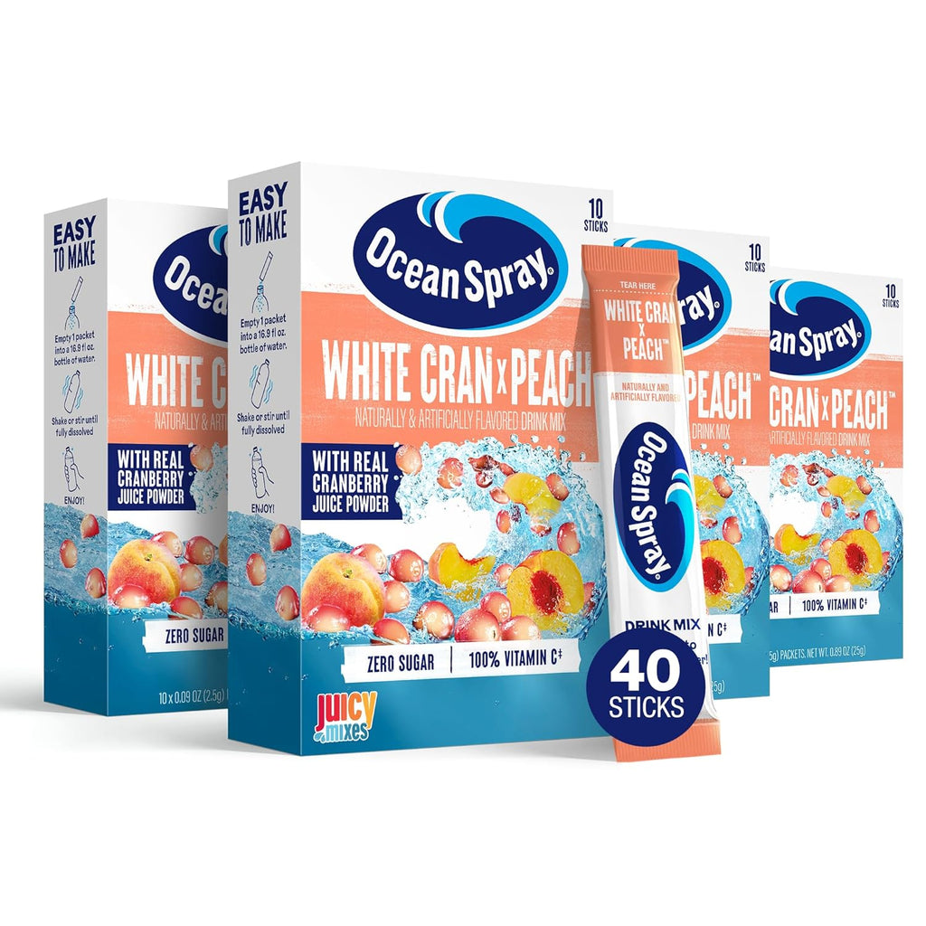 Ocean Spray® White Cran-Peach™ Zero Sugar Powder Drink Mix Packets with Real Cranberry Juice Powder, 100% Vitamin C, No Synthetic Dyes, Juicy Mixes (40ct)