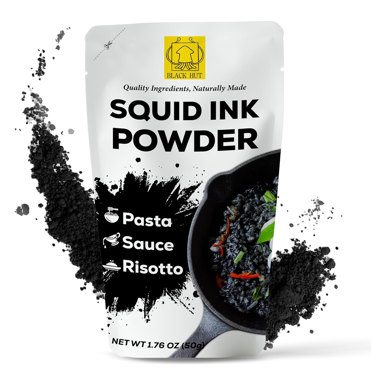 Black Hut Squid Ink Powder, Food Coloring for Rice Noodles Pasta Spaghetti Risotto, Nero Di Seppia, Tinta de Sepia, Halal Certificate, Contains Molluscs, 1.76oz / 50g (Pack of 1)