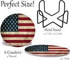 USA American Flag United States Round Coasters Set of 6 - Abosrbent Ceramic with Metal Stand for Drinks, Coffee, Non-Slip Cork Back for Tabletop Protection, 4 Inches (Rustic)