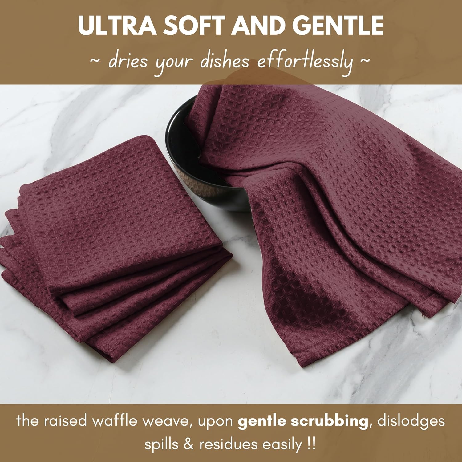 Native Fab Waffle 12 Pack Dish Cloths - 100% Cotton, Absorbent, Quick Dry, Washable Towels for Cleaning, Cooking & Drying Dishes - Perfect for Home, Restaurants, Bars, Cafes - 12"x12" - Burgundy