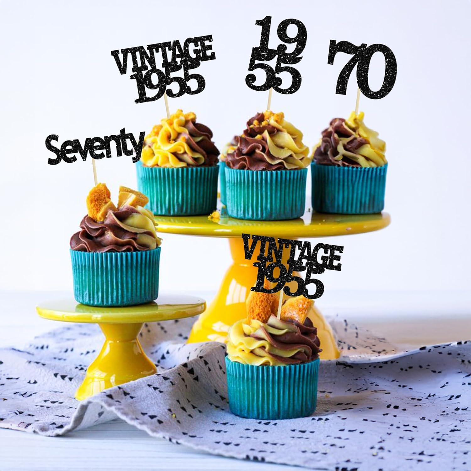 Gyufise 24Pcs Vintage 1955 Cupcake Toppers Glitter Cheers to 70 Fabulous Seventy Cupcake Picks 70th Birthday Wedding Anniversary Party Cake Decorations Supplies Black