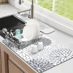 Findosom 2PCS 12" x 20" Dish Drying Mat & 24" x 5.5" Sink Splash Guard, Super Absorbent & Cuttable Dish Mat Drying Kitchen Mat with Gray Floral, Hide Stain Drying Mat for Kitchen Counter