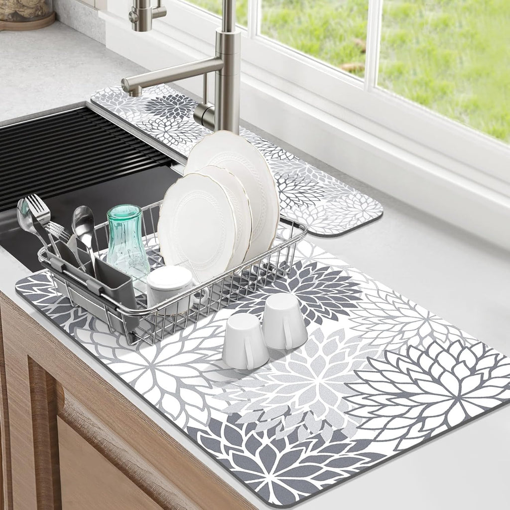 Findosom 2PCS 16" x 24" Dish Drying Mat & 24" x 5.5" Sink Splash Guard, Super Absorbent & Cuttable Dish Mat Drying Kitchen Mat with Gray Floral, Hide Stain Drying Mat for Kitchen Counter