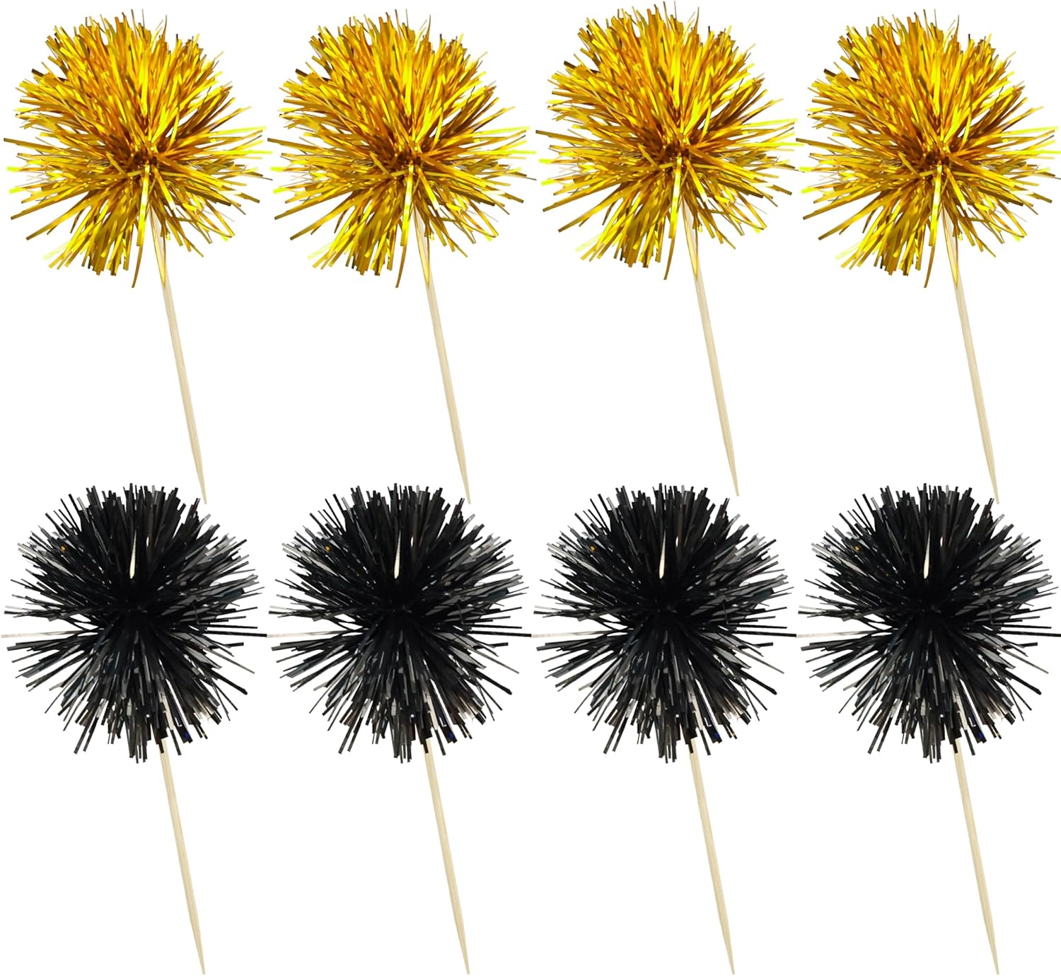 Ephlyn 30Pcs Foil Firework Cupcake Toppers Sparkle Tinsel Cupcake Picks Happy Birthday Cake Decorations Drink Stirrers Cocktail Food Toothpicks for Baby Shower Graduation Party Supplies Black Gold