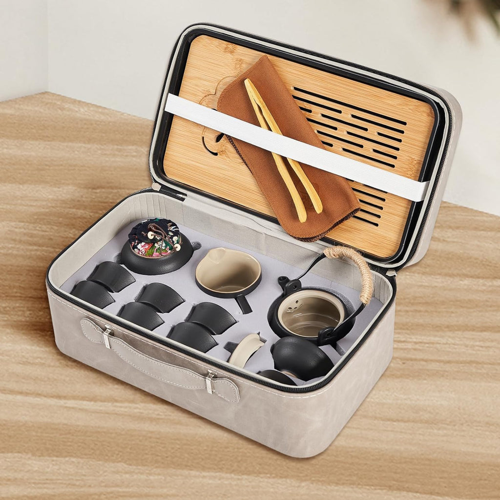 LURRIER Gongfu tea sets, Portable Ceramic TeaSet, Asian Tea sets for adult, Tea Gift sets, Grey leather case, Portable Travel Bag,Home,Gifting,Outdoor and Office(Black)