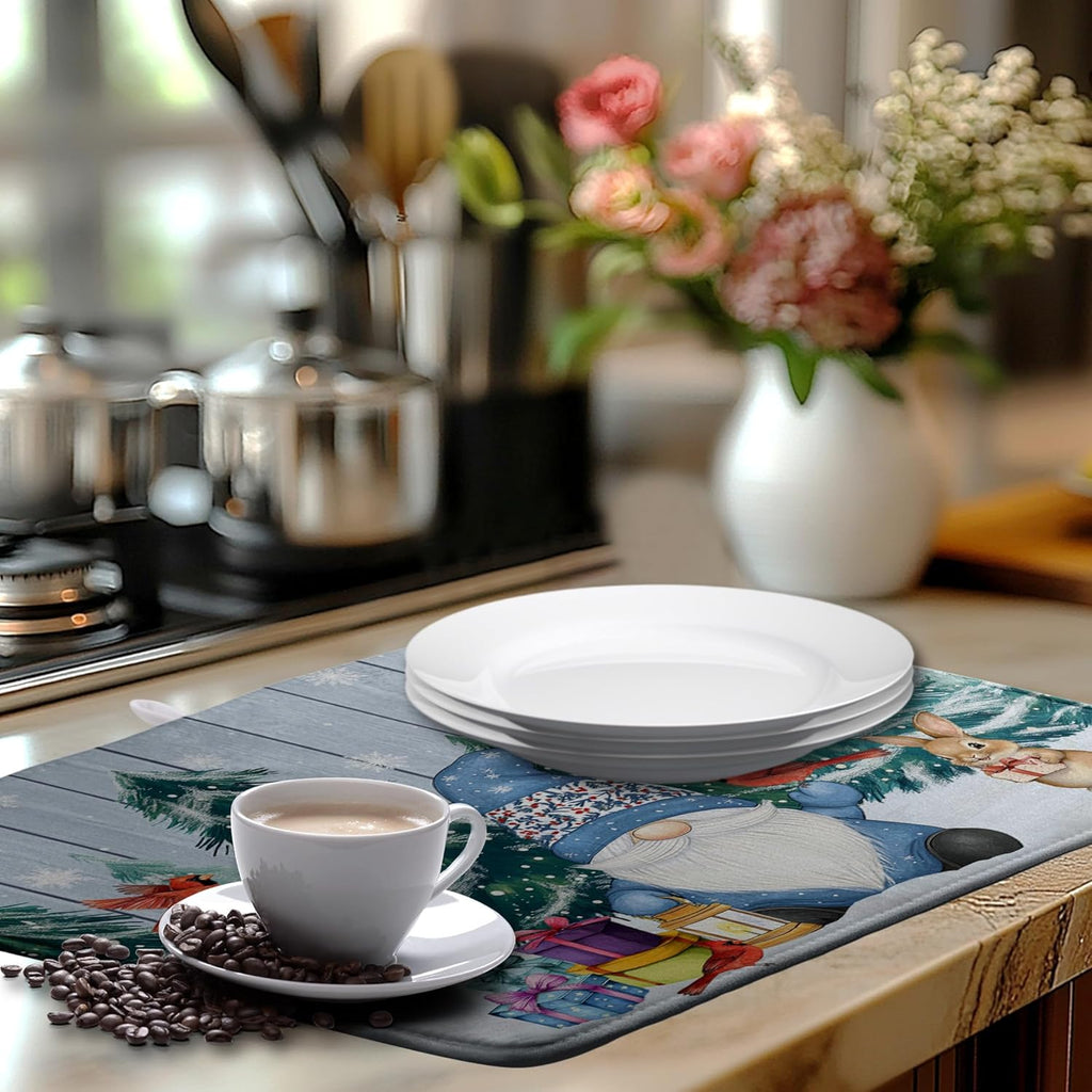 Winter Gnome Dish Drying Mat Christmas Tree Snowman Large Kitchen Mats Dish Drying Pad Bird Absorbent Dish Dryer Mat for Kitchen Countertops Microfiber Drainer Pad Dish Drying Mats (18x24 in)