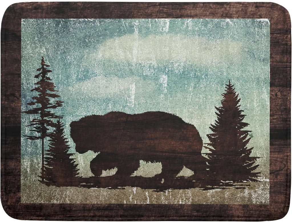Retro Brown Bear Forest Cabin Dish Drying Mat Countertop 18x24 Fall Blue Sky Cloud Cartoon Wild Animal Bushes Drainer Mat Pine Tree Grass Dishes Pad Rustic Floral Dish Drainer Rack Winter Wildlife