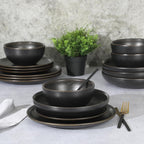 Gibson Elite Beckett Stoneware Matte Reactive Glaze 16 Piece (Service for 4) Plates and Bowls Dinnerware Set - Black
