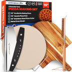 KitchenStar 16-inch Pizza Making Set, 4 Essential Tools - Pizza Stone + Stainless Steel Rack, Acacia Wood Pizza Peel, Pizza Cutter Rocker + Protective Cover, Metal Brush - Oven & Grill Accessories Kit