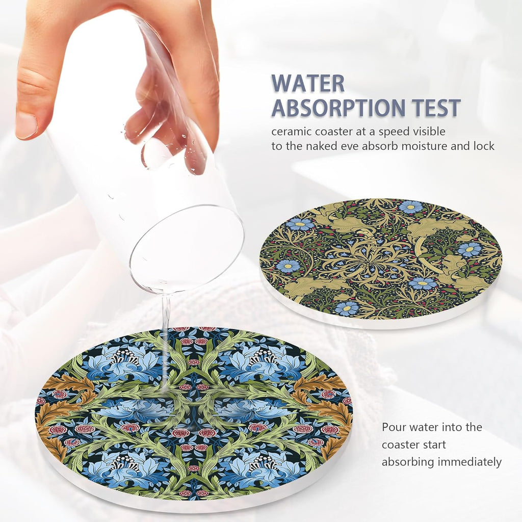 Coaster for Drinks Set of 6, Vintage Flower Absorbing Round Ceramic Stone Coaster with Cork Base,Tabletop Protection Mat for Mugs and Cups,Coffee Table Wine Glass Home Bar 4 Inch