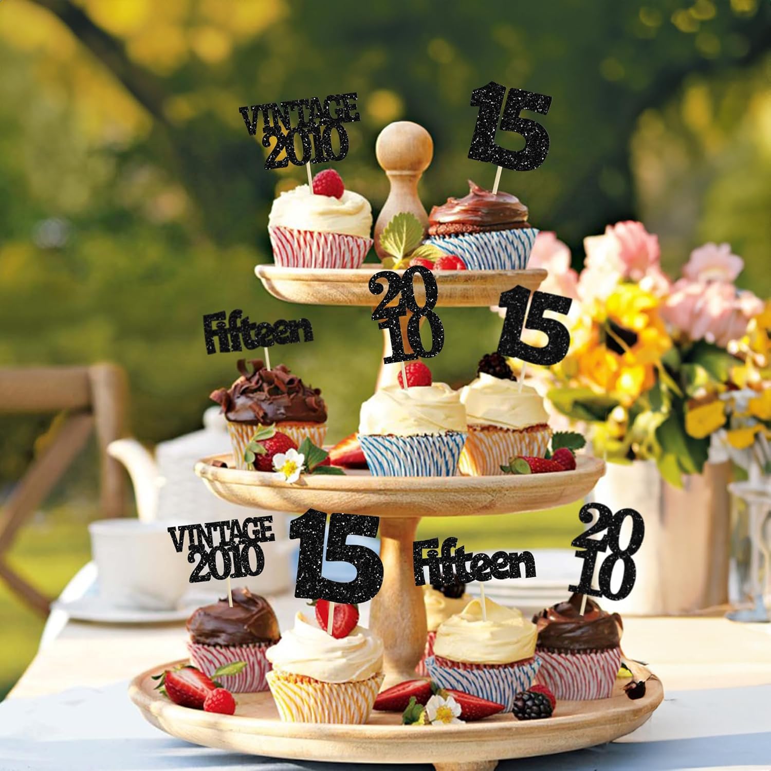 Gyufise 24Pcs 15th Birthday Cupcake Toppers Glitter Fifteen Vintage 2010 Sweet 15 Cupcake Picks Hello 15 Years Birthday Cake Decorations for Happy 15th Anniversary Party Supplies Black