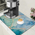 Turquoise and Blue Marble Coffee Mat Absorbent Dish Drying Mat for Kitchen Counter Hide Stain Rubber Backed Coffee Bar Accessories Fit Under Espresso Machine Cafe Table, 15.7 x 23.6 Inch