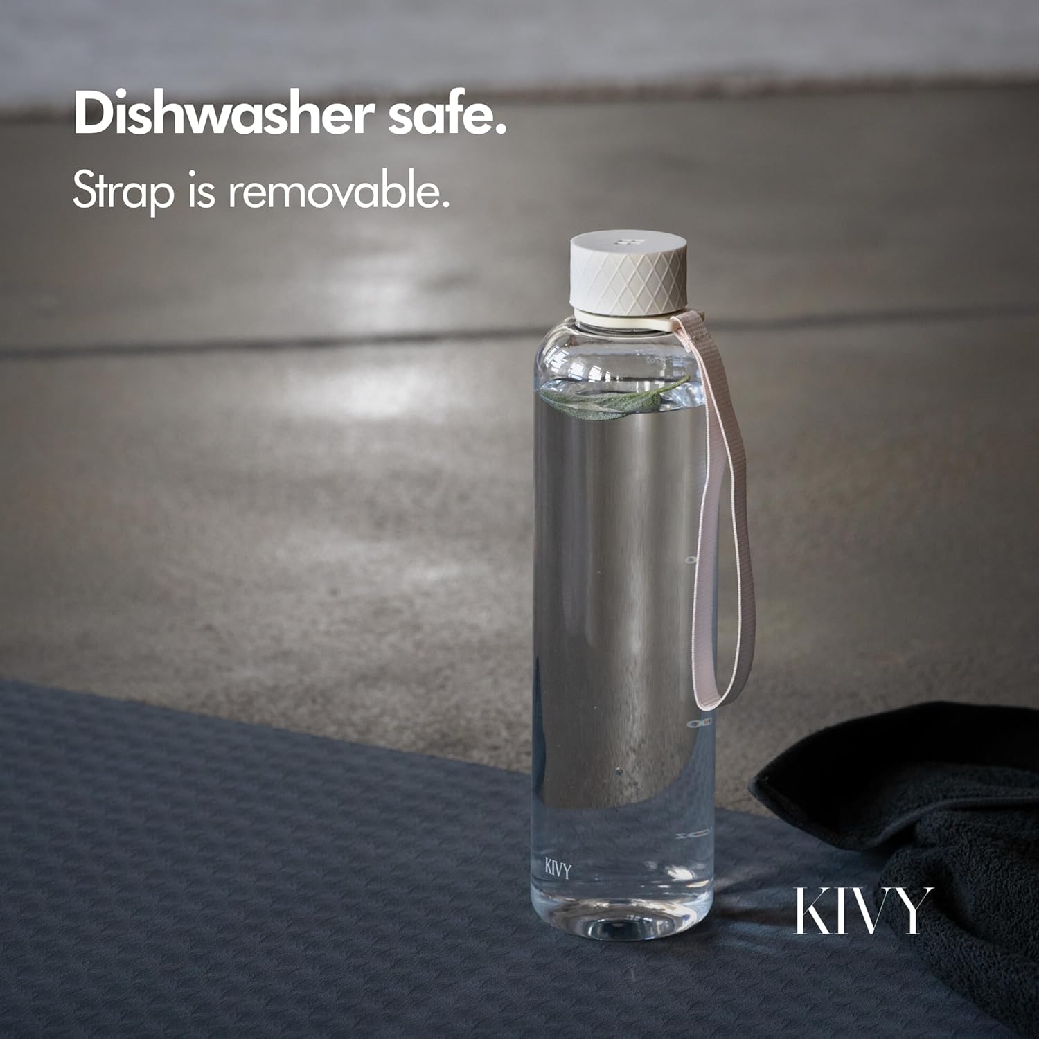 KIVY Slim Water Bottle 32oz [Lightweight & Shatterproof] Fits Backpack & Cupholder for Travel, Sports, School, Gym - Clear water bottle with measurements - Transparent Tritan Beige - Dishwasher Safe