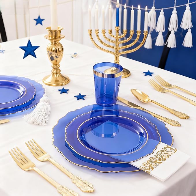 KIRE 210Pcs Blue Plastic Plates with Gold Rim& Disposable Plastic Silverware &Blue Cups&Hand Napkin- Baroque Clear Dinnerware for Hanukkah/Parties/Wedding