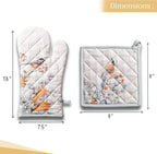 Maison d' Hermine 100% Cotton Oven Mitt & Pot Holder Set (7.5"x13" & 8"x8") Heat Resistant BBQ Cooking Gloves with Loop, Baking, Grilling, Kitchen, Handling Hot Pans (Whitish Shabby Chique)