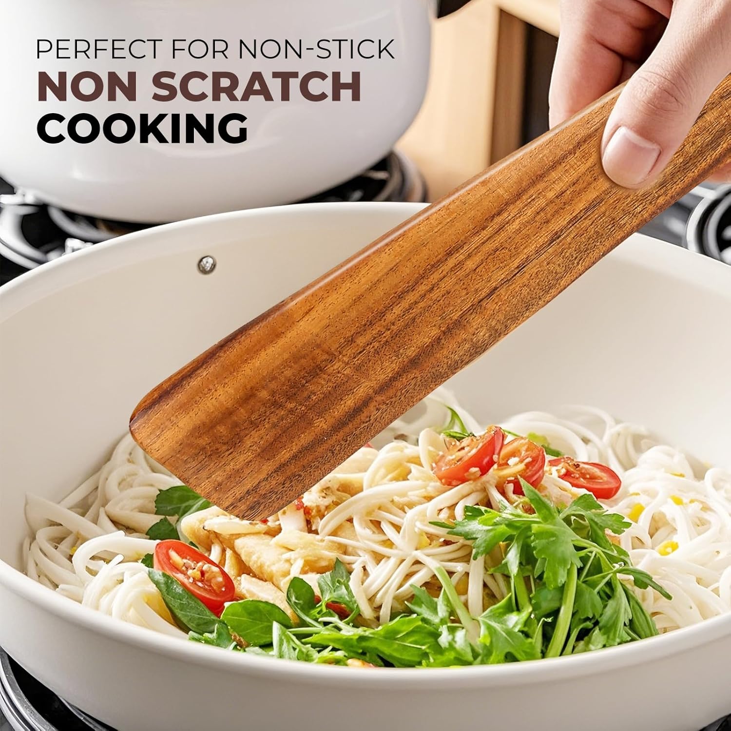 AIUHI Wooden Spatula for Cooking, Premium Teak Wood Cooking Utensils, NonStick Kitchen Utensils Set of 4 Contain Paddle, Turner Spatula, Slotted Spatula and Wood Scraper