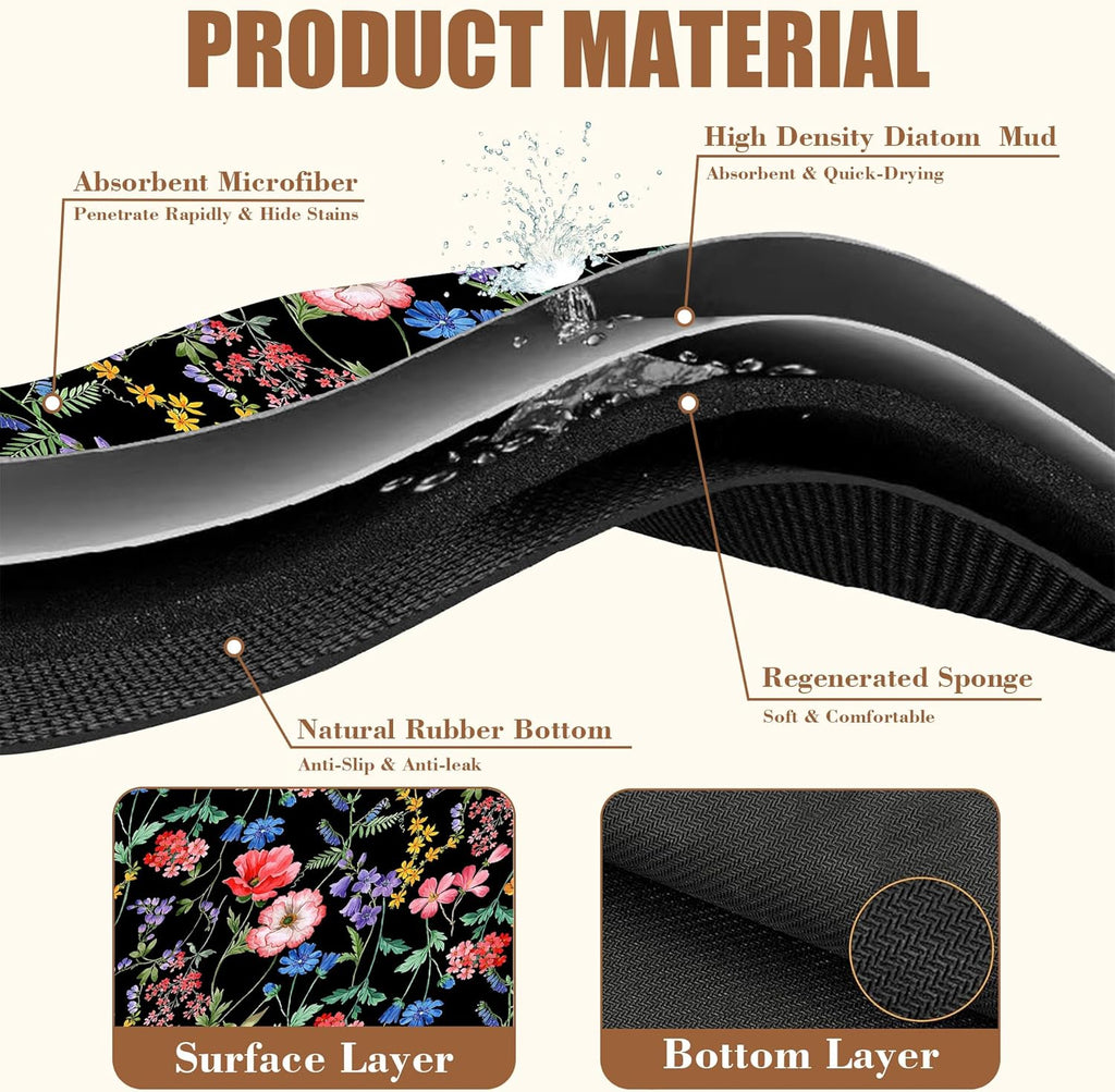 Beautiful Flowers Dish Drying Mat for Kitchen Counter Coffee Mat Hide Stain Absorbent Rubber Backed Drying Rack Pad Espresso Machine Coffee Bar Accessories 15.7 x 23.6 Inch