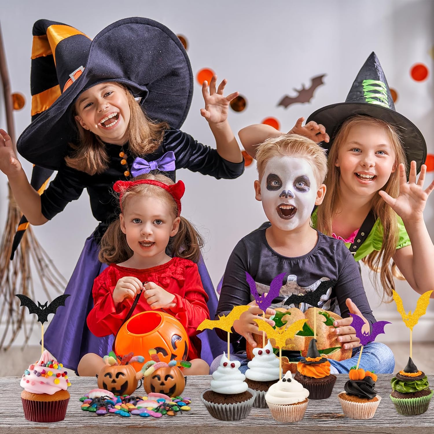 YQUQWN 24 PCS Halloween Black Orange Purple Glitter Bat Cupcake Decorations, Halloween Cupcake Selection, Suitable for Children's Birthday Party, Theme Party, Baby Shower Event Decoration Supplies
