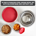 Viking Mixing Bowls Set, 10 Piece Stainless Steel Kitchen Cookware, Non-Slip Silicone Base, Includes Tight Fit Lids, Dishwasher Safe, Red