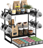 Coffee Bar Organizer, 3 Tier Station for Countertop, Mug Cup Holder Stand With 28 K Cup Storage and 12 Hooks for Kitchen, Home & Office, Black