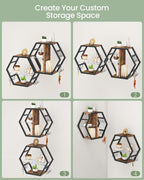 Hexagon Floating Shelves Set of 2, Glass Hanging Shelves for Wall Decor, Industrial Style Wall Storage Rack and 12 S-Hooks, for Living Room, Bedroom, Office, Game Center, Rustic Brown TBJ08BF