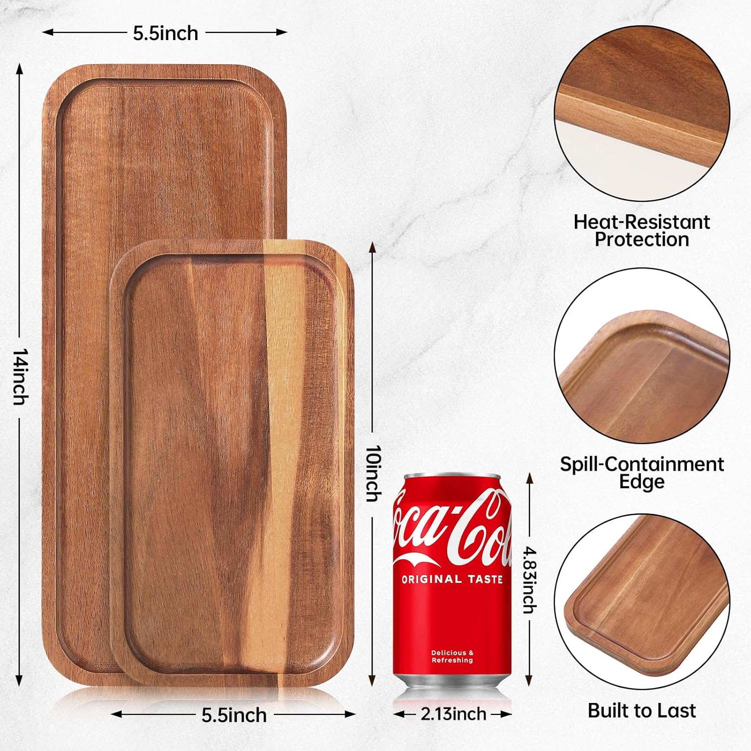 Solid Acacia Wood Serving Trays and Platters - Wooden Mini Charcuterie Boards, Rectangle Small Cheese Board for Food, Bathroom, Home Decor, Kitchen Counter, (14"x5.5", 1 Pack)