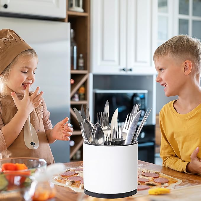 Silverware Organizer Kitchen Utensil Holder 360°Rotating For Counter Organizer Stainless Steel Storage Silverware Caddy 3 Compartment Flatware Spoon Spatula Tool Cutlery Container(White)