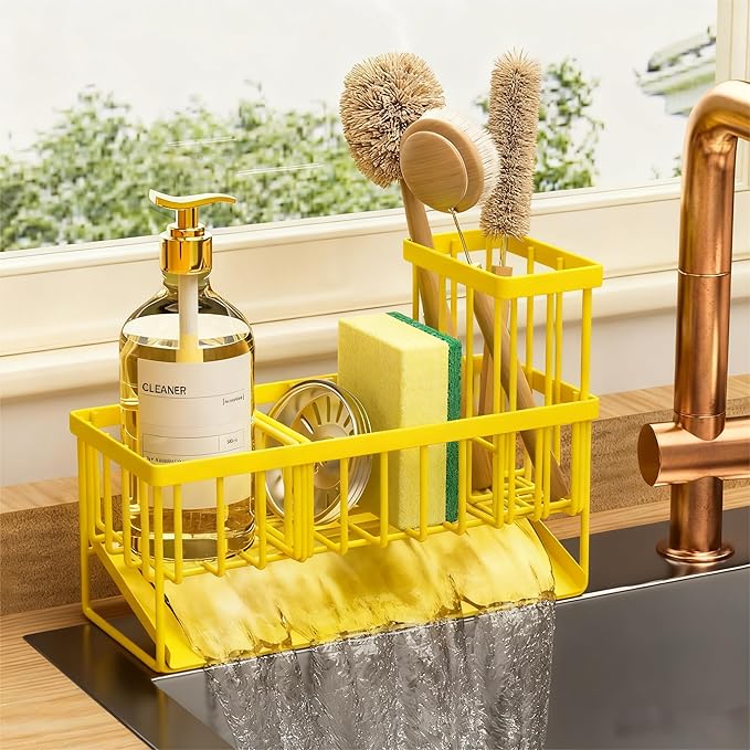 Cisily Yellow Sink Caddy Organzier with High Brush Holder, Sponge Holder for Sink, 304 Rustproof Stainless, Kitchen Countertop Soap Dispenser Organizer,Yellow Kitchen Decor and Accessories