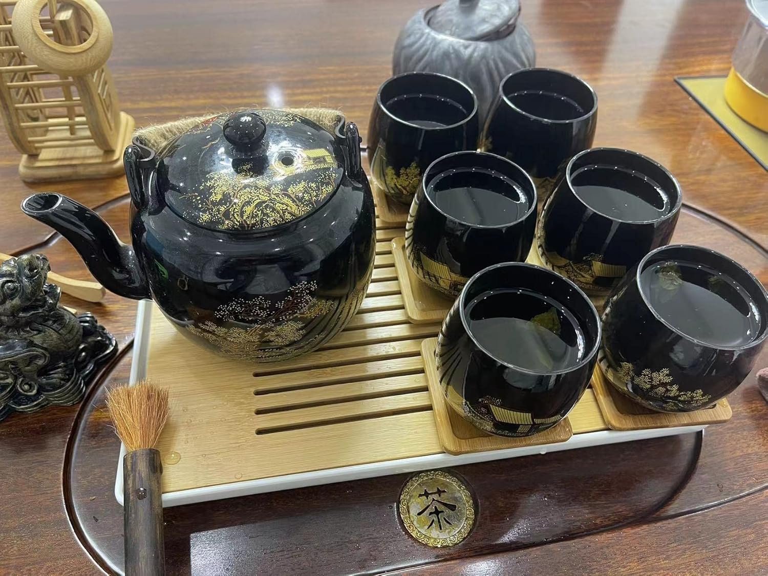 Japanese Tea Set, Black Glazed Tea Set in Gift Box With 1 Teapot, 1 Tea Strainer, 1 Tea Tray and 6 Tea Cups. Ideal Tea Set for Office Home, Asian Tea Sets for Tea Lovers(Country Black)