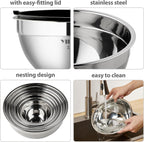 YIHONG 7 Piece Metal Mixing Bowls with Lids for Kitchen, Stainless Steel Set Ideal for Baking, Prepping, Cooking and Serving Food, Nesting Design for Space Saving Storage(Black)