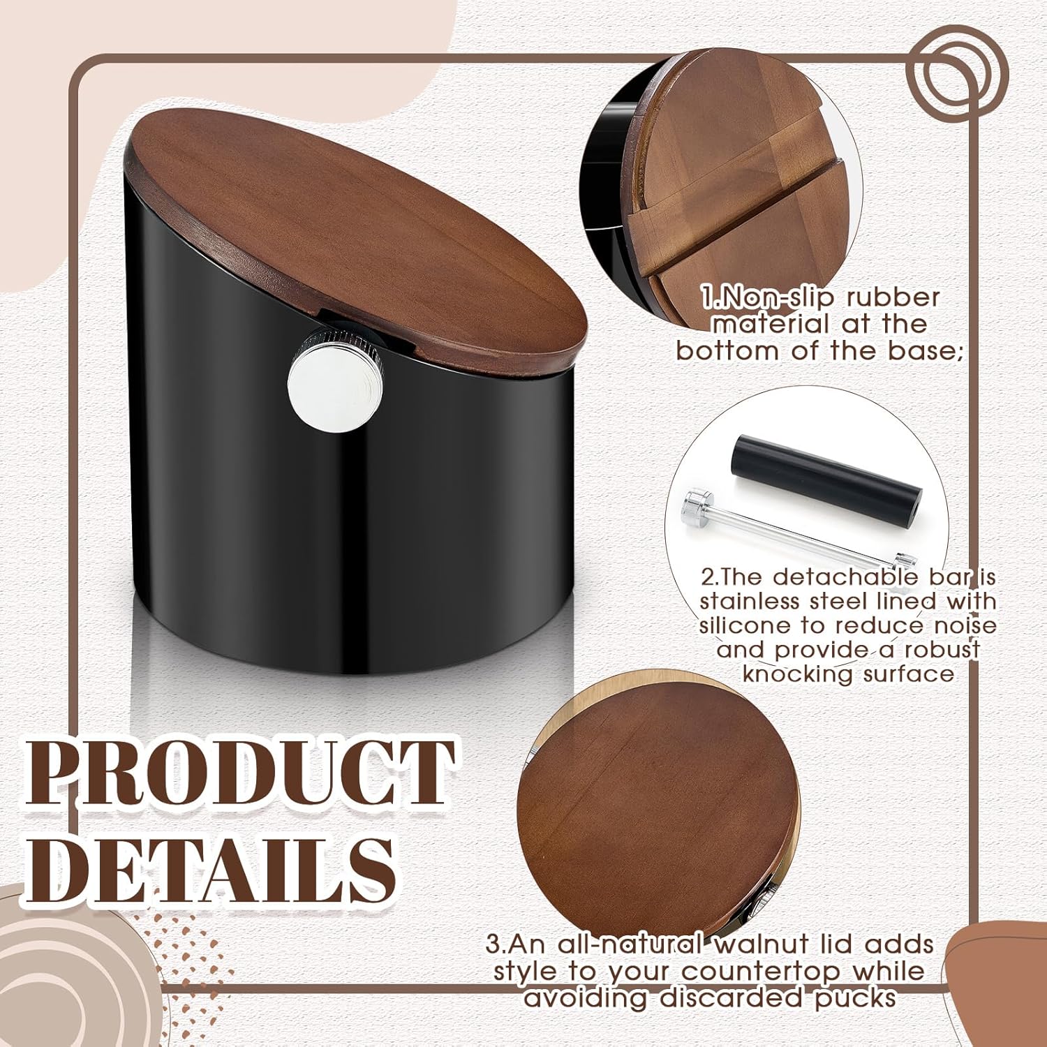 Espresso Knock Box with Walnut Lid for Coffee Grounds, Espresso Machine Accessory, Easy Disposal of Coffee Pucks, Removable Knock Bar(Black)