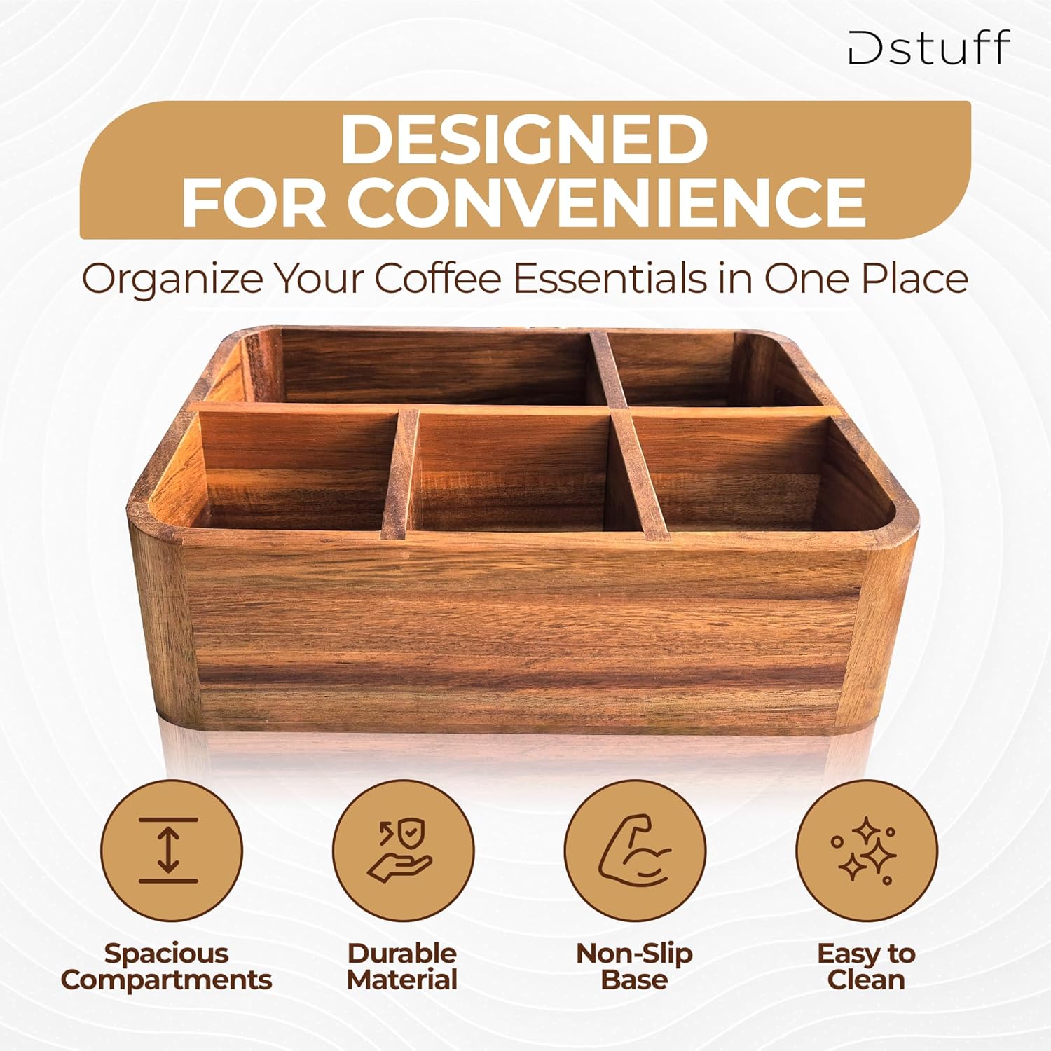 Dstuff Acacia Wood Coffee Station Organizer for Countertop, Tea Organizer and Holder, Coffee Bar Caddy with Multiple Compartments for Home and Office Decor