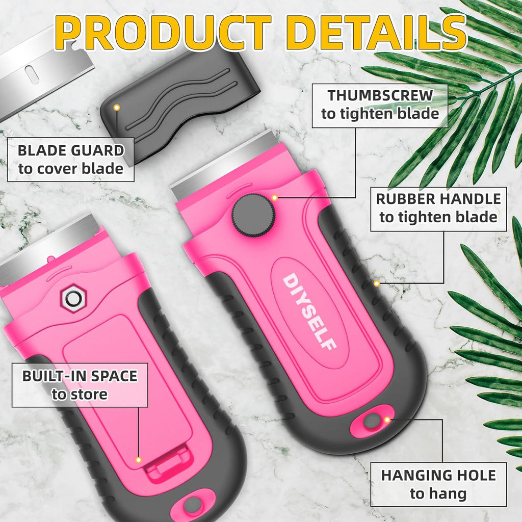 DIYSELF 1 Pack Razor Blade Scraper with 15 Extra Blades, Scraper Tool for Cleaning Window, Paint, Cooktop, Oven, Glass Stove Top Scraper, Razor Scraper with Buit-In Blade Storage (Pink)